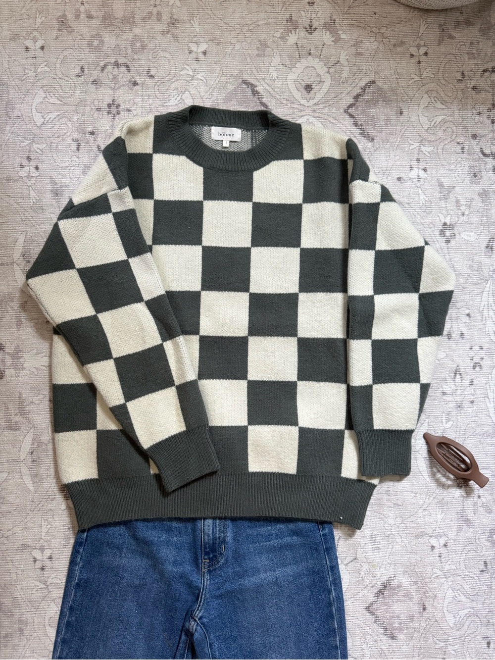 Bohme Green and Cream Checker Knit Sweater